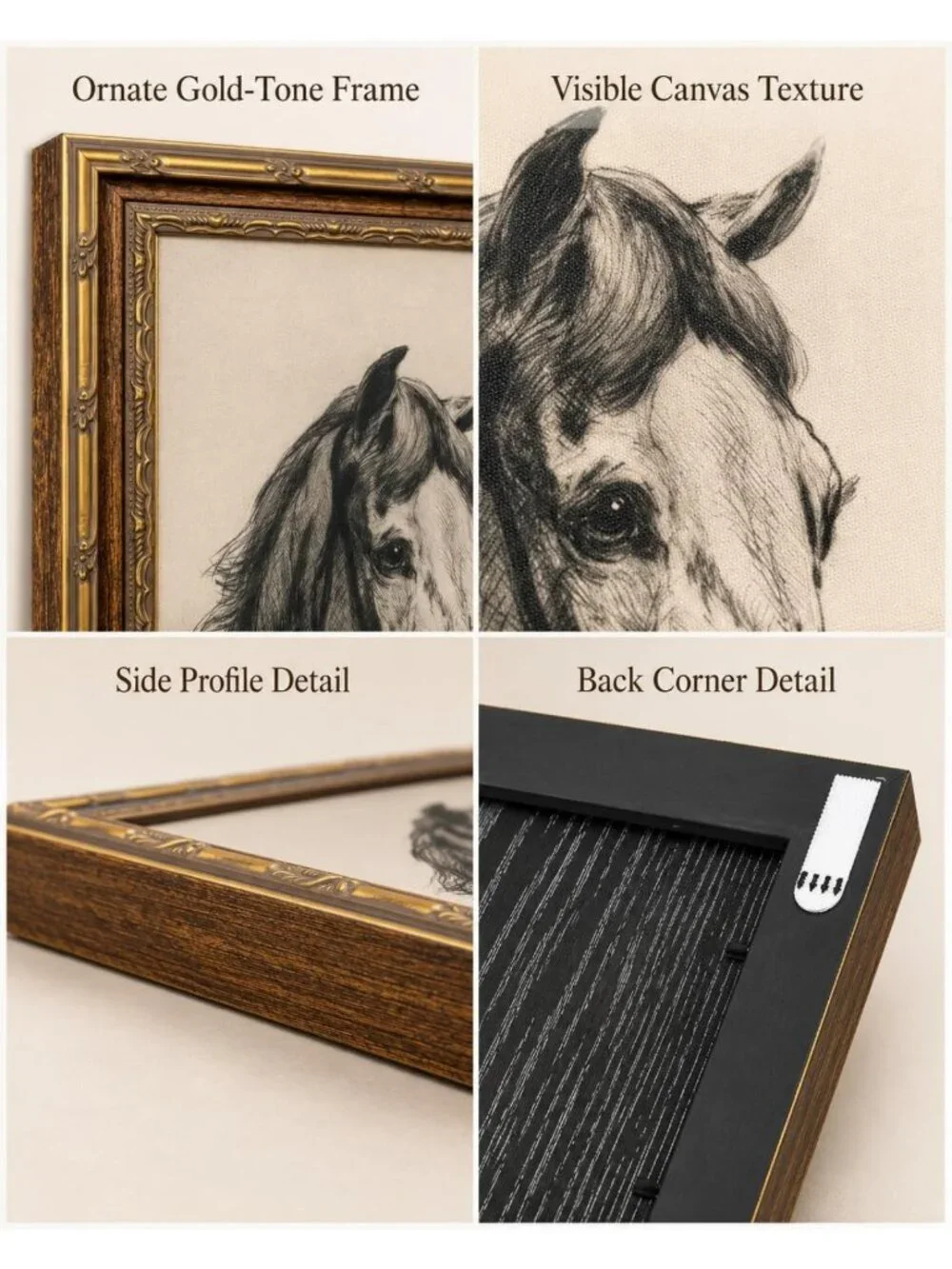 Elegant Gold Framed Horse Head Sketch Wall Art | Equestrian Canvas Print 16x24